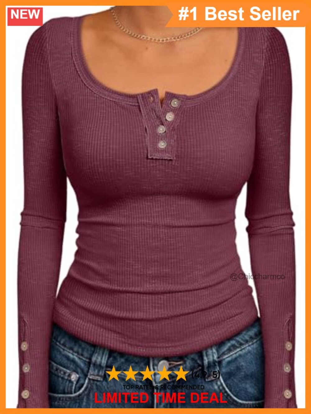 Ribbed Knit Henley Long Sleeve Top Button Cuff Fall Winter Shirt